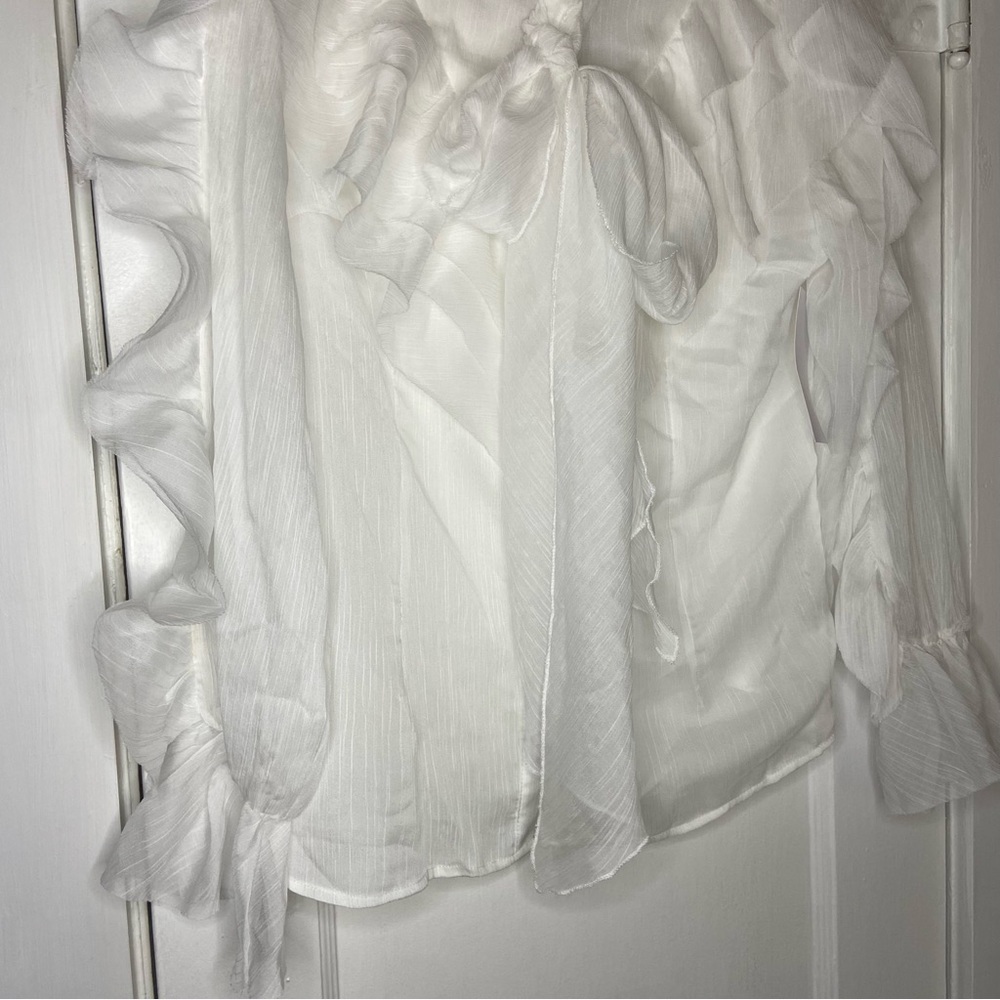 Forever Unique Organza Ruffle Trim Button Down Tie Blouse In White Size 14 - Picture 7 of 15